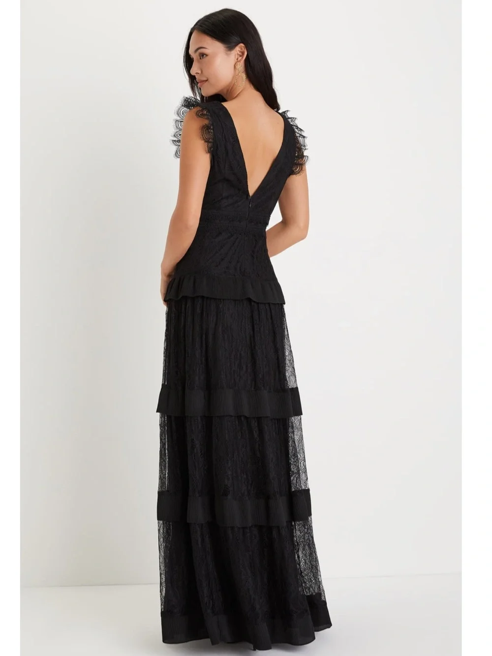Lulus Marvelous Darling Black Crochet Lace Ruffled Tiered V-Neck Maxi Dress - Picture 2 of 16